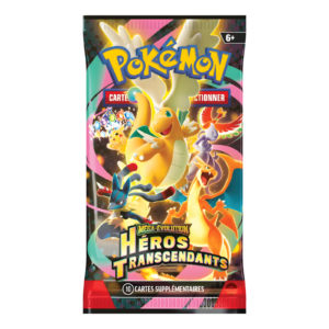 Booster ME2.5 Pokémon Héros Transcendants. Paquet de cartes Pokémon de la nouvelle série ME2.5 Héros Transcendants du bloc Méga Evolution. Sur le booster il y a écrit "10 cartes supplémentaires" et "Pokémon cartes à collectionner"