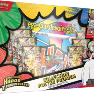 Coffret Collection Poster Premium Pokémon ME2.5 Gardevoir. Image d'un coffret pokémon. Sur la boîte on voit le pokémon Gardevoir et il y a écrit Pokémon cartes à jouer et à collectionner. Cette boîte contient 10 boosters de la nouvelle série Héros Transcendants du nouveau bloc Méga Évolution du TCG Pokémon. Elle contient également un poster et une carte promo exclusive en méga attaque rare.