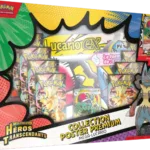 Coffret Collection Poster Premium Pokémon ME2.5 Lucario. Image d'un coffret pokémon. Sur la boîte on voit le pokémon Lucario et il y a écrit Pokémon cartes à jouer et à collectionner. Cette boîte contient 10 boosters de la nouvelle série Héros Transcendants du nouveau bloc Méga Évolution du TCG Pokémon. Elle contient également un poster et une carte promo exclusive en méga attaque rare.