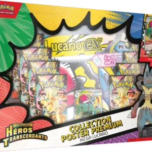 Coffret Collection Poster Premium Pokémon ME2.5 Lucario. Image d'un coffret pokémon. Sur la boîte on voit le pokémon Lucario et il y a écrit Pokémon cartes à jouer et à collectionner. Cette boîte contient 10 boosters de la nouvelle série Héros Transcendants du nouveau bloc Méga Évolution du TCG Pokémon. Elle contient également un poster et une carte promo exclusive en méga attaque rare.