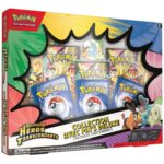 Coffret pin's Pokemon ME2.5 collection. Image d'un coffret pokémon. Sur la boîte on voit des starters pokémon et il y a écrit Pokémon cartes à jouer et à collectionner. Cette boîte contient 5 boosters de la nouvelle série Héros Transcendants du nouveau bloc Méga Évolution du TCG Pokémon. Elle contient également un pin's et trois cartes exclusives.