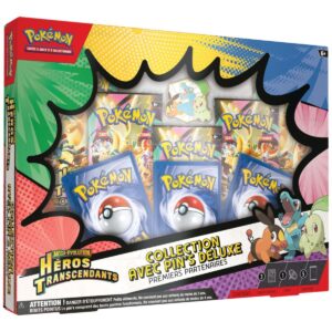 Coffret pin's Pokemon ME2.5 collection. Image d'un coffret pokémon. Sur la boîte on voit des starters pokémon et il y a écrit Pokémon cartes à jouer et à collectionner. Cette boîte contient 5 boosters de la nouvelle série Héros Transcendants du nouveau bloc Méga Évolution du TCG Pokémon. Elle contient également un pin's et trois cartes exclusives.