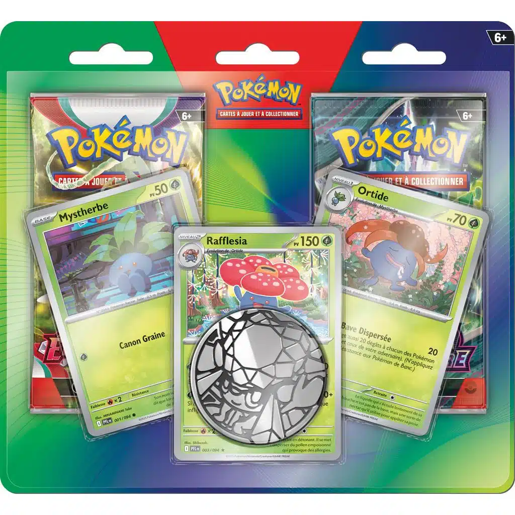 Duopack Rafflesia Pokémon EV06 EV01 Duopack Rafflesia Pokémon EV06 EV01. Coffret du tcg pokémon jcc contenant 2 boosters des séries EV1 Ecarlate et Violet et EV6 Mascarade Crépusculaire du bloc pokemon Ecarlate et Violet Mars 2026. Les paquets de cartes sont roses, verts, violets, oranges, rouges, jaunes, bleus. Le pack contient également trois cartes Promo cosmo holo de Rafflesia, Ortide et Mystherbe.