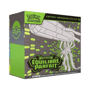 ETB ME03 Pokémon Equilibre Parfait. Image d'un coffret dresseur d'élite pokémon. Sur l'ETB on voit le pokémon Méga Zygarde et il y a écrit Pokémon cartes à jouer et à collectionner. Cette boîte contient 9 boosters de la nouvelle série Équilibre Parfait du nouveau bloc Méga Évolution du TCG Pokémon. Elle contient également des jetons, des sleeves, une carte promo exclusive et d'autres items et goodies du jcc pokémon.