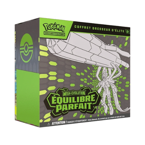 ETB ME03 Pokémon Equilibre Parfait ETB ME03 Pokémon Equilibre Parfait. Image d'un coffret dresseur d'élite pokémon. Sur l'ETB on voit le pokémon Méga Zygarde et il y a écrit Pokémon cartes à jouer et à collectionner. Cette boîte contient 9 boosters de la nouvelle série Équilibre Parfait du nouveau bloc Méga Évolution du TCG Pokémon. Elle contient également des jetons, des sleeves, une carte promo exclusive et d'autres items et goodies du jcc pokémon.
