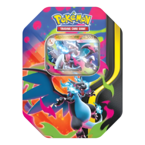 Pokébox Méga Dracaufeu X ex Pokémon. Cette boîte contient différents items pokemon. Une carte promo de la créature pokémon très appréciée par les fans de la série comme Feu Perçant dans sa forme ex. Il y a également des boosters du tcg pokémon du bloc écatale et violet et Méga. Sur le coffret est écrit "Pokémon cartes à jouer et à collectionner". On y voit le pokémon méga dracaufeu x qui est rouge et gris, comme la boîte en métal. Il y a une partie de la boîte qui est transparente laissant entrevoir la carte promo Pokémon du coffret.