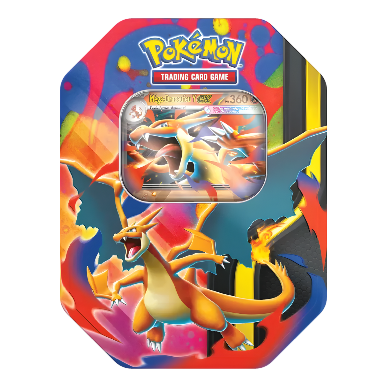 Pokébox Méga Dracaufeu Y ex Pokémon Pokébox Méga Dracaufeu Y ex Pokémon. Cette boîte contient différents items pokemon. Une carte promo de la créature pokémon très appréciée par les fans de la série comme Feu Perçant dans sa forme ex. Il y a également des boosters du tcg pokémon du bloc écatale et violet et Méga. Sur le coffret est écrit "Pokémon cartes à jouer et à collectionner". On y voit le pokémon méga dracaufeu y qui est rouge et gris, comme la boîte en métal. Il y a une partie de la boîte qui est transparente laissant entrevoir la carte promo Pokémon du coffret.