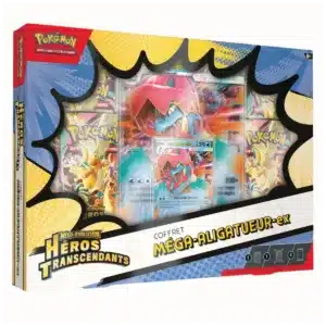 Coffret Pokémon Méga Aligatueur EX de l'extension Héros Transcendants ME2.5, contient 4 boosters, une carte promo holographique et une carte géante Jumbo, produit neuf scellé.