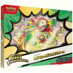 Coffret Pokémon Méga Meganium EX - Édition spéciale ME2.5 Héros Transcendants, incluant des boosters de cartes Pokémon et une carte promotionnelle exclusive, état neuf.