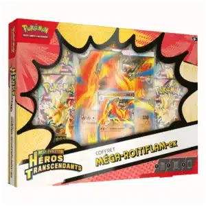 Coffret Pokémon Méga Roitiflam EX, série Héros Transcendants (ME2.5), pack de collection avec boosters et carte promo Méga-Évolution, idéal pour collectionneurs TCG