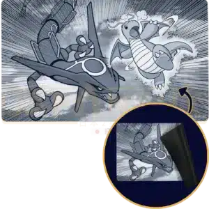 Tapis de jeu (playmat) Pokémon Center officiel avec illustration de Rayquaza et Dracolosse en plein vol, surface de jeu TCG premium pour cartes de collection.