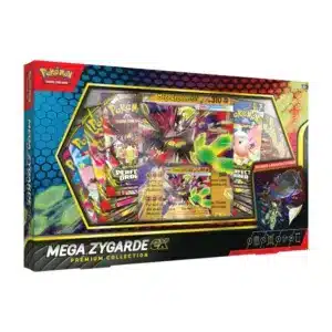Vue de face du coffret Pokémon Premium Collection Méga Zygarde-ex en français, incluant la carte promo holographique, la carte géante Jumbo et 3 boosters scellés du JCC Pokémon.