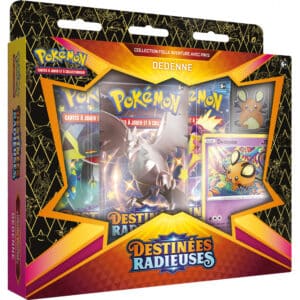 Coffret Pokémon Folle Aventure Dedenne issu de Destinées Radieuses, incluant une carte promotionnelle brillante, 3 boosters et une carte code JCC Pokémon.