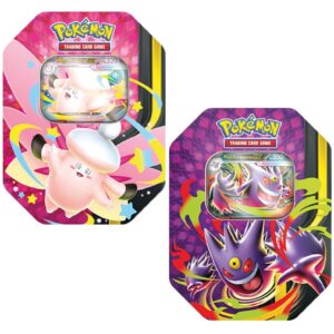 Photo du Lot de 2 Pokébox Pokémon de juin 2026 : Méga-Ectoplasma et Méga-Mélodelfe. Le lot contient une Pokébox illustrant Méga-Ectoplasma Méga-Évolué sur fond violet, et une seconde Pokébox montrant Méga-Mélodelfe sur fond rose/clair. Les deux Pokébox sont scellées sous leur film plastique d'origine.