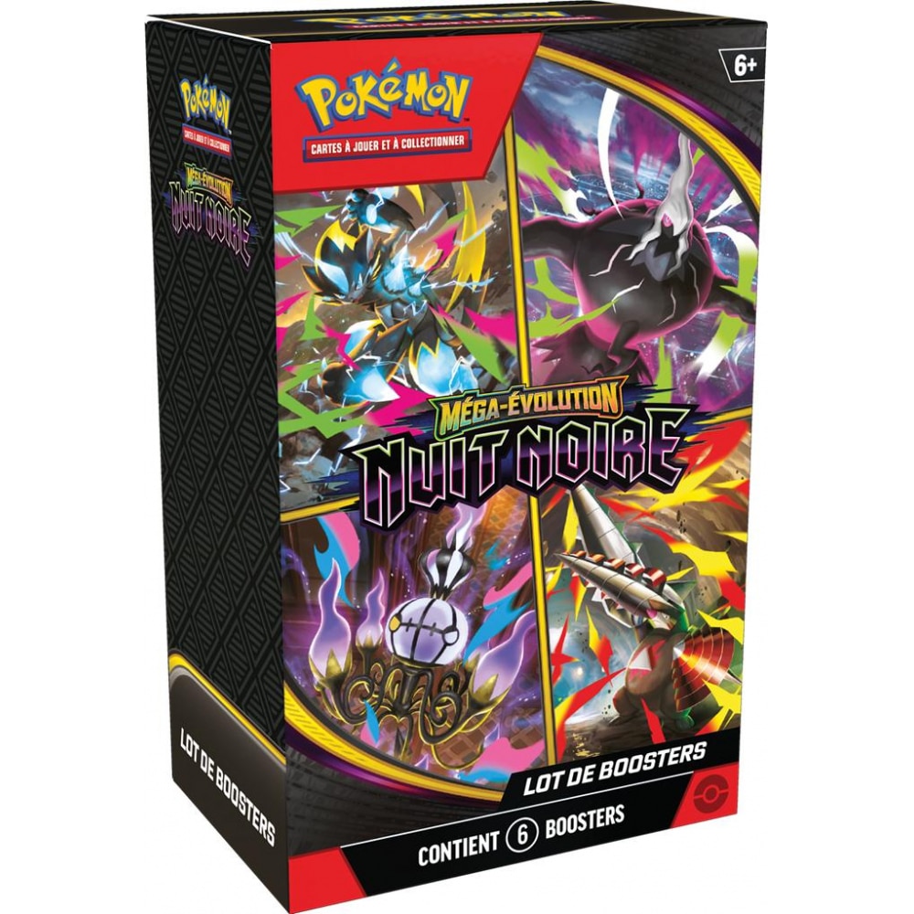 Bundle Pokémon Nuit Noire ME05 – 6 Boosters (Français) Bundle Pokémon Nuit Noire ME05 contenant 6 boosters scellés, édition française officielle, idéal pour le développement de collection
