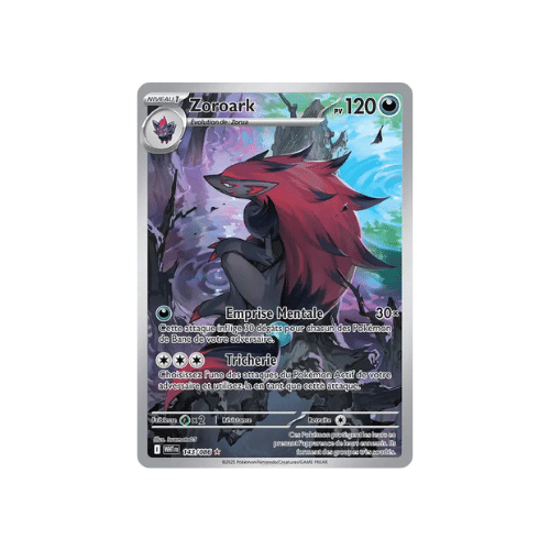 Carte Pokémon Zoroark 143/086 - Illustration Rare (IR) - Flamme Blanche Carte Pokémon Zoroark 143/086 Illustration Rare (IR) de l'extension Flamme Blanche, état Near Mint, idéale pour collectionneur