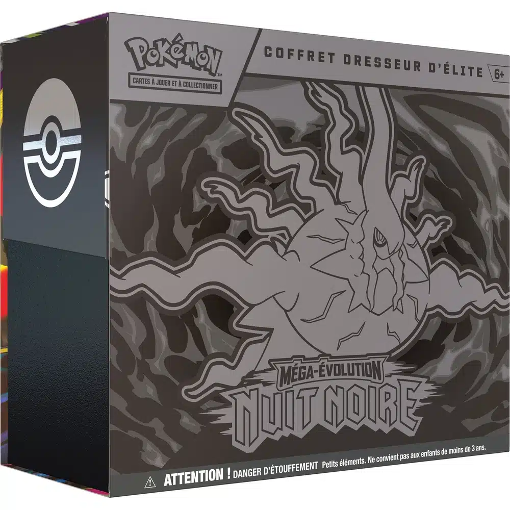 Coffret Dresseur d'Élite ETB Pokémon Nuit Noire ME05 (Français) Coffret Dresseur d'Élite (ETB) Pokémon Nuit Noire ME05, édition française officielle, produit neuf scellé incluant boosters et accessoires de jeu