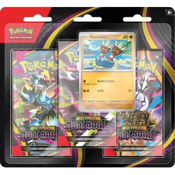 Tripack Pokémon Nuit Noire ME05 – 3 Boosters et Carte Promo (Français) Tripack Pokémon Nuit Noire ME05 scellé comprenant 3 boosters officiels en français, une carte promotionnelle exclusive et un jeton de jeu à collectionner