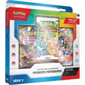 Coffret Pokémon Collection Illustration Premiers Partenaires Série 3, incluant 3 boosters et des cartes promotionnelles des starters de trois régions emblématiques