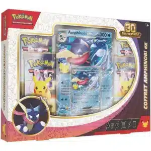 Boîte de face du coffret Pokémon 30e Anniversaire ME 5.5 avec Amphinobi ex et boosters, version française scellée
