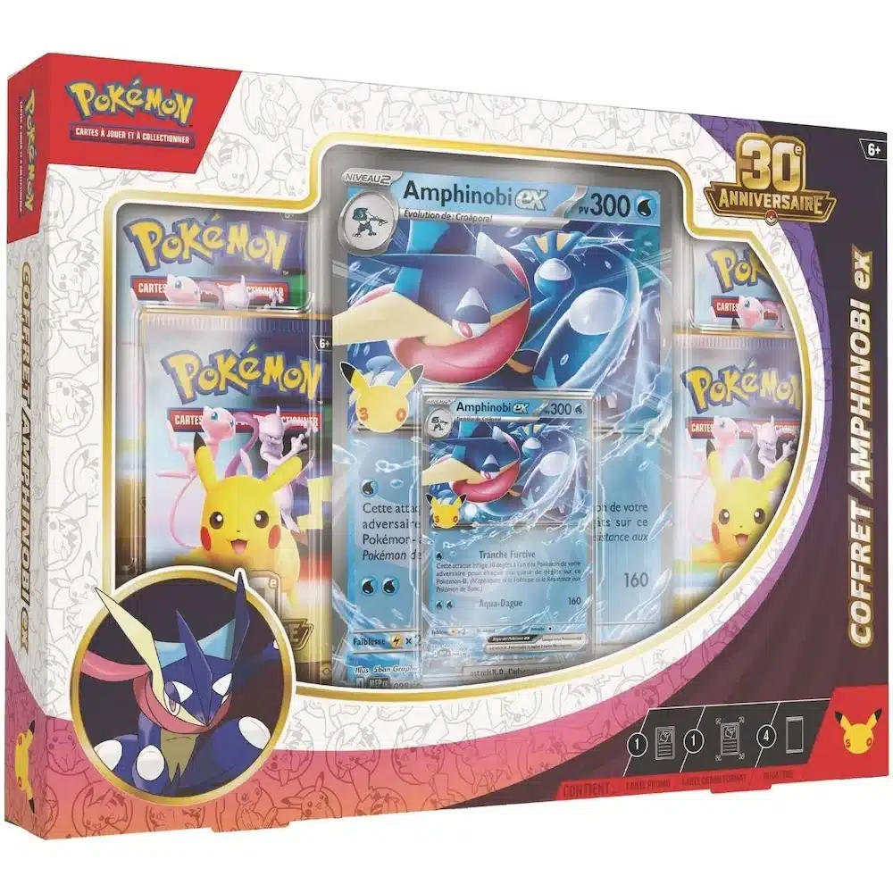 coffret-amphinobi-ex-30ans-anniversaire-me-5-5-missplaybros Boîte de face du coffret Pokémon 30e Anniversaire ME 5.5 avec Amphinobi ex et boosters, version française scellée