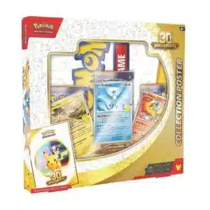 Vue de face du coffret Pokémon 30e Anniversaire ME 5.5 'Collection Poster'. Le packaging cartonné met en vedette les illustrations d'Artikodin, d'Électhor et de Sulfura, accompagnées du poster géant et des boosters de l'extension, en version française neuve.