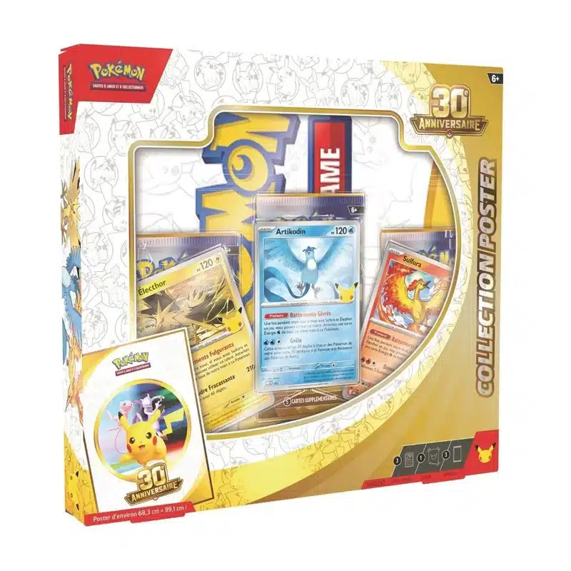 coffret-collection-poster-30ans-anniversaire-me-5-5. Vue de face du coffret Pokémon 30e Anniversaire ME 5.5 'Collection Poster'. Le packaging cartonné met en vedette les illustrations d'Artikodin, d'Électhor et de Sulfura, accompagnées du poster géant et des boosters de l'extension, en version française neuve.