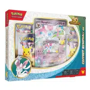 Boîte et packaging de face du coffret Nymphali ex Pokémon 30e Anniversaire ME 5.5, avec carte promo et boosters neufs sur MissPlayBros