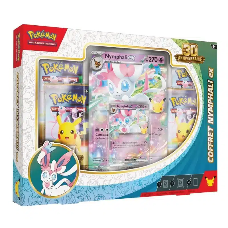 coffret-nymphali-ex-30ans-anniversaire-me-5-5-missplaybros Boîte et packaging de face du coffret Nymphali ex Pokémon 30e Anniversaire ME 5.5, avec carte promo et boosters neufs sur MissPlayBros