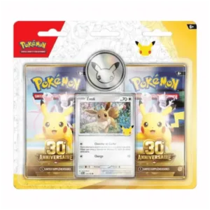 Vue de face du Duopack / Blister 2 boosters Pokémon 30e Anniversaire ME 5.5 avec la carte cosmo holo brillante d'Évoli. Le packaging cartonné présente la version française neuve d'origine.