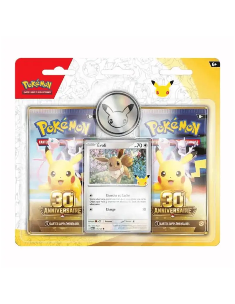 duopack-blister-2-boosters-evoli-30e-anniversaire-me-5-5 Vue de face du Duopack / Blister 2 boosters Pokémon 30e Anniversaire ME 5.5 avec la carte cosmo holo brillante d'Évoli. Le packaging cartonné présente la version française neuve d'origine.