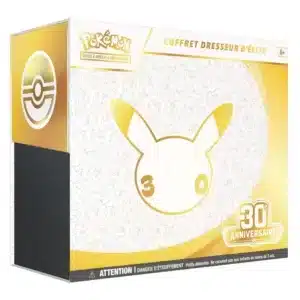 Vue de face de l'ETB Coffret Dresseur d'Élite Pokémon 30e Anniversaire ME 5.5. Le packaging cartonné collector met en avant les visuels de la série, révélant l'emplacement des accessoires de jeu et des boosters en version française neuve d'origine.