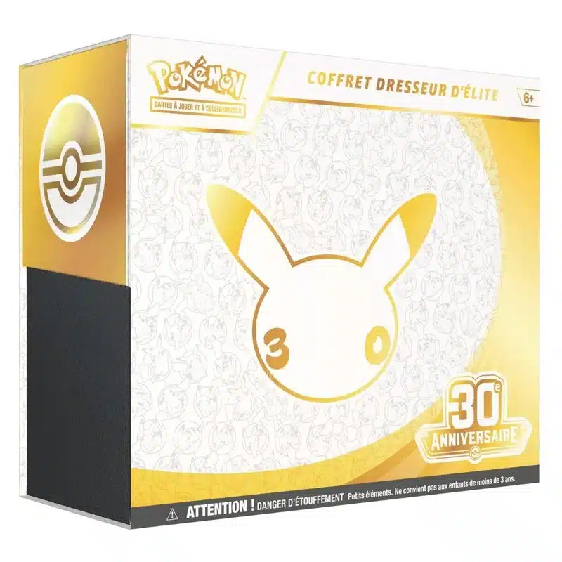etb-coffret-dresseur-d-elite-30ans-anniversaire-me-5-5 Vue de face de l'ETB Coffret Dresseur d'Élite Pokémon 30e Anniversaire ME 5.5. Le packaging cartonné collector met en avant les visuels de la série, révélant l'emplacement des accessoires de jeu et des boosters en version française neuve d'origine.