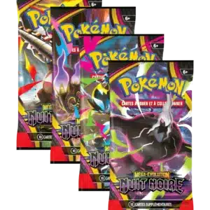 Vue de face d'un booster unitaire scellé de l'extension Pokémon Nuit Noire ME05. Le sachet aux illustrations officielles est présenté en version française neuve d'origine.
