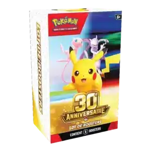 Vue de face du Bundle 6 Boosters Pokémon 30e Anniversaire ME 5.5. Le packaging cartonné de l'édition collector est présenté en version française neuve d'origine