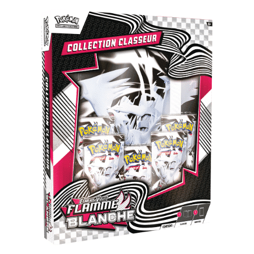 Coffret Collection Classeur Pokémon Flamme Blanche EV10.5 VF Coffret de collection classeur Pokémon Flamme Blanche EV10.5. Produit officiel scellé à l'effigie de Reshiram incluant 5 boosters de l'extension et un album de rangement 9 poches en version française.