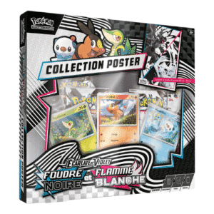 Coffret de collection poster Pokémon Flamme Blanche EV10.5. Produit officiel scellé incluant 4 boosters de l'extension, 3 cartes promos brillantes et 1 poster recto verso en version française