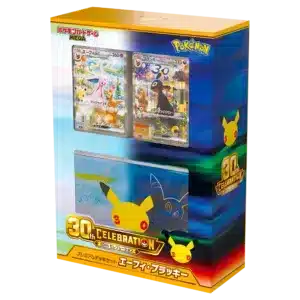 Vue de face du coffret scellé Pokémon Premium Deck Set 30th Celebration Mentali et Noctali (Espeon Umbreon). Édition collector japonaise officielle neuve d'origine dédiée aux 30 ans.