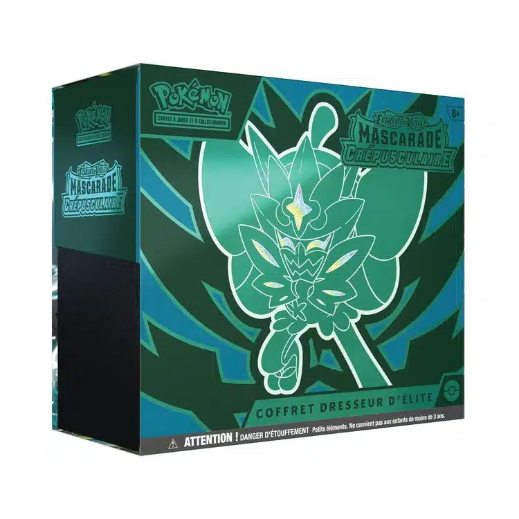 Coffret Dresseur d Elite ETB Pokemon Mascarade Crepusculaire EV06 VF Coffret Dresseur d'Élite ETB Pokémon Écarlate et Violet Mascarade Crépusculaire EV06 scellé à l'effigie d'Ogerpon Masque Turquoise. Contient 9 boosters VF, la carte promo d'Ogerpon et les accessoires officiels