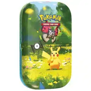 Vue de face de la Mini Tin Pokémon 30e Anniversaire ME 5.5. Le boîtier métallique de collection est présenté en version française neuve d'origine avec sa carte artistique