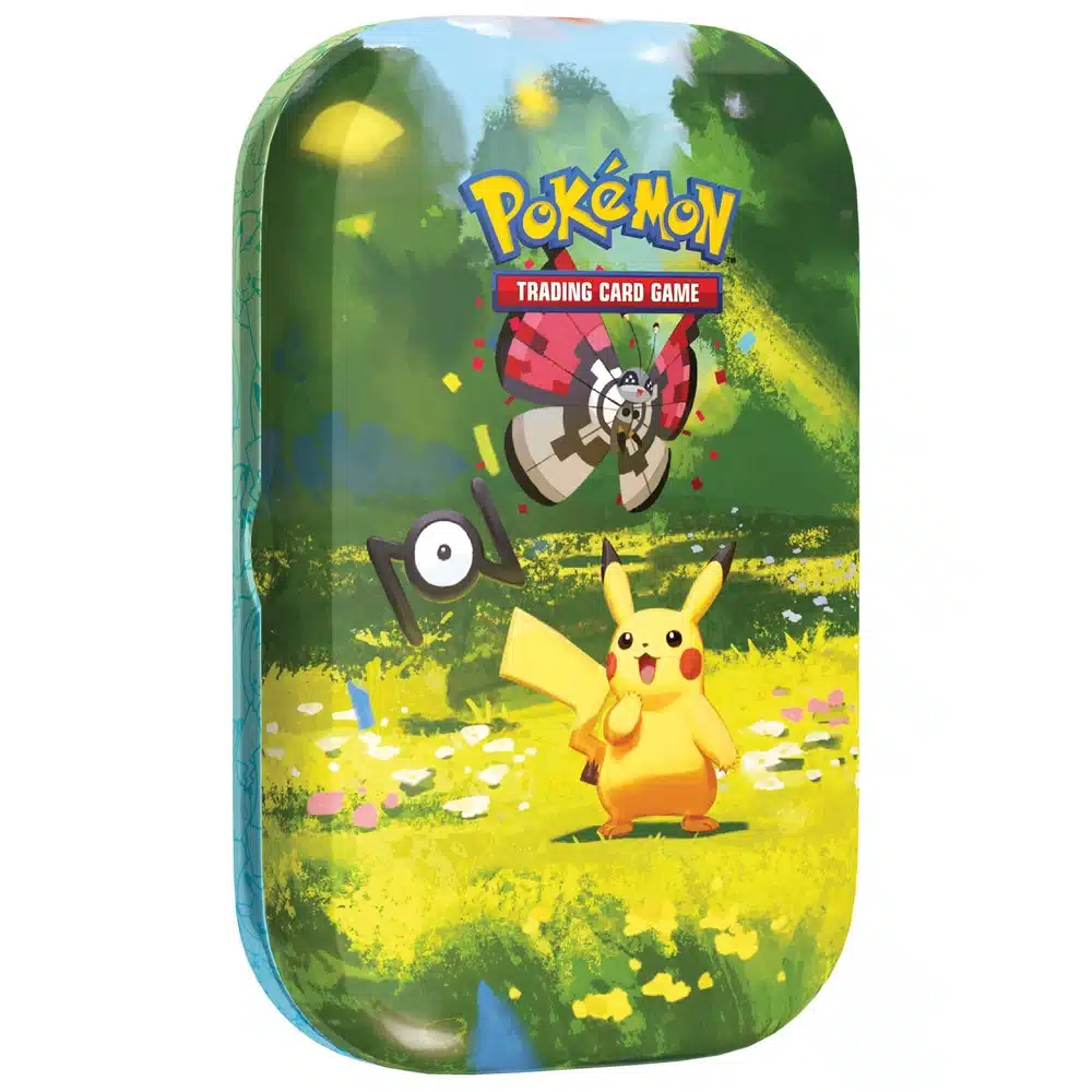 Mini Tin Pokémon 30e Anniversaire ME 5.5 Vue de face de la Mini Tin Pokémon 30e Anniversaire ME 5.5. Le boîtier métallique de collection est présenté en version française neuve d'origine avec sa carte artistique