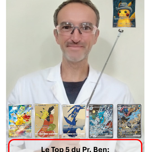 Top 5 des cartes promo Pokémon récentes à récupérer rapidement. On voit une photo d'un prefesseur la baguette à la main, en blouse blanche de face. Il a une baguette levée désignant une carte du jeu de carte à collectionner pokémon jcc. Il y a deux encadré contenant les textes : "collectionner" et "Le top 5 du professeur ben : les cartes promo récentes".